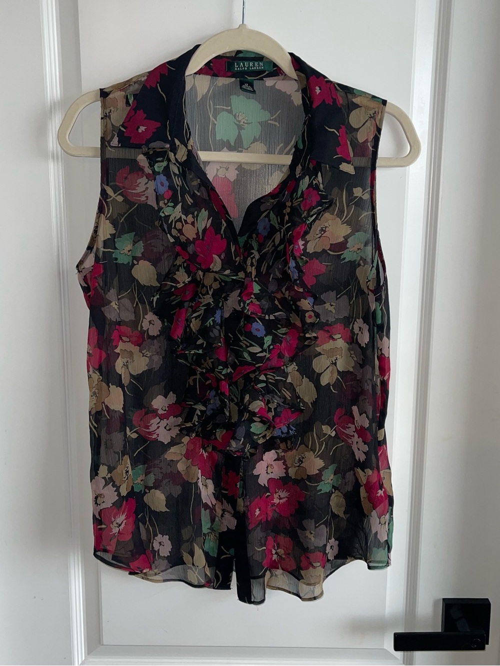 Lauren Ralph Lauren Floral Ruffle Blouse Sheer Sleeveless Black Pink Size 12